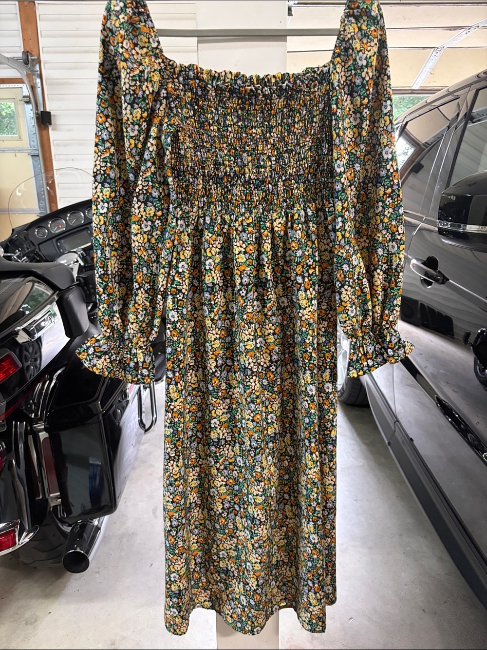 Floral Smocked Maxi Dress in Green and Yellow